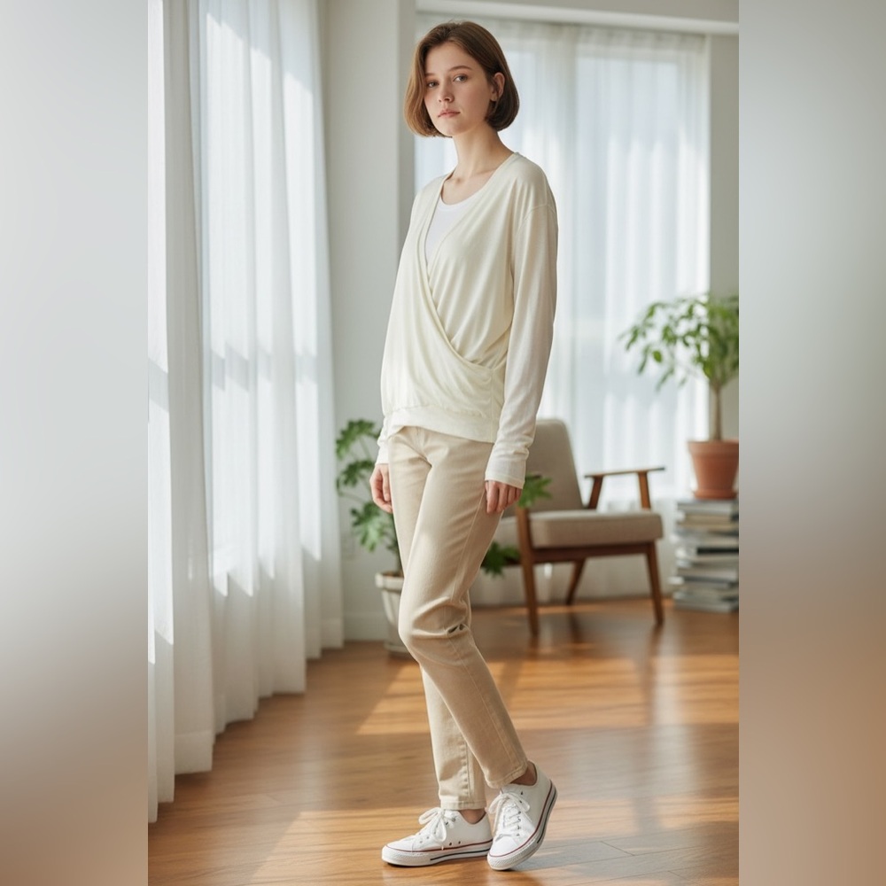 Cozy Ivory Long Sleeve Deep V Neck Sweater